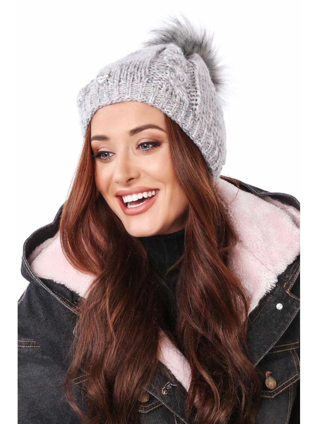 Winter hat with a pompom, light gray with pink C39 - Online store - Boutique